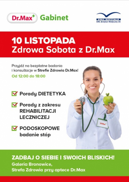 Zdrowa Sobota w Galerii Bronowice - już 10 listopada Zdrowie, LIFESTYLE - Już w sobotę, 10 listopada, mieszkańcy Krakowa i okolic będą mieli okazję skorzystać z bezpłatnych badań i konsultacji w ramach akcji Zdrowa Sobota z Dr.Max, organizowanej w nowo otwartym gabinecie w Galerii Bronowice.